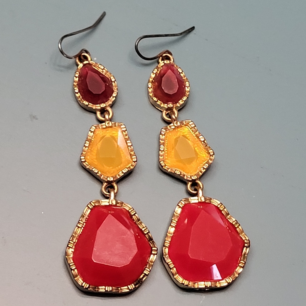 Sunset red and yellow acrylic crystal drop hook earrings